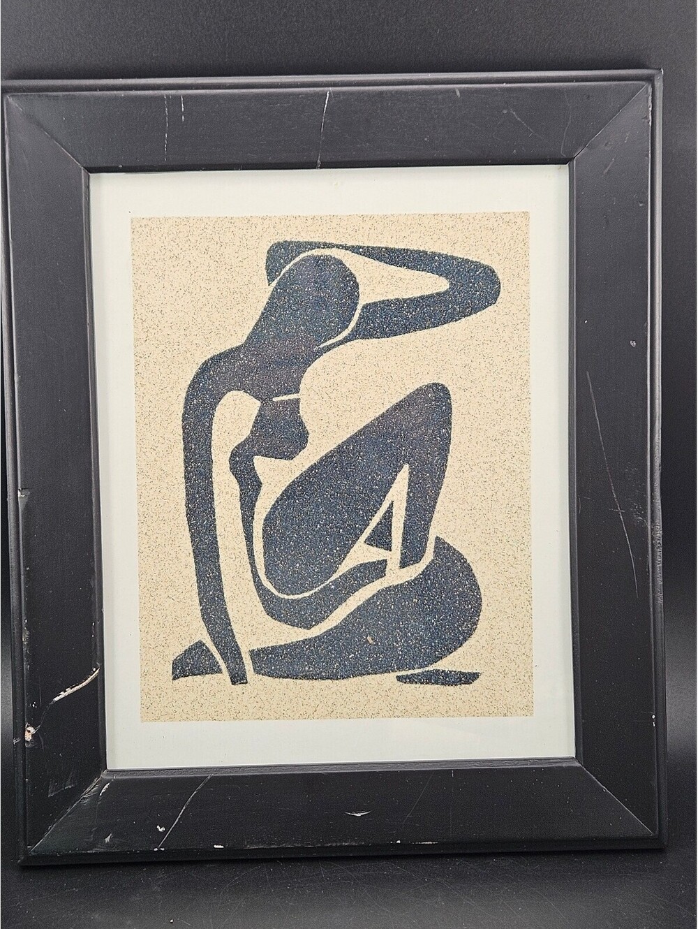 Vintage Framed Matisse Style Black Seated Female Silhouette Textured Sand Art